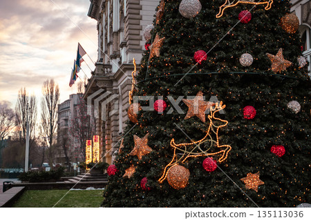 Main square in during Christmas. The market is decorated with lights and winter trees. Main square in during Christmas. The market is decorated with lights and winter trees. 135113036