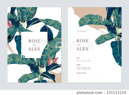 Botanical wedding invitation card template design, hand drawn banana tree 135113129