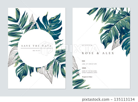 Botanical wedding invitation card template design, hand drawn tropical leaves on white 135113134