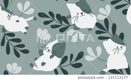 Animal seamless pattern, cute cats with flowers and leaves 135113177