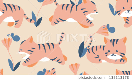 Animal seamless pattern, cute tigers with flowers and leaves 135113178