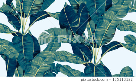 Botanical seamless pattern, hand drawn banana tree on bright blue 135113182