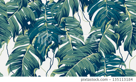 Botanical seamless pattern, hand drawn Split-leaf Philodendron on bright brown 135113184