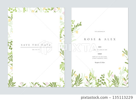 Floral wedding invitation card template design, hand drawn green leaves and flowers on white 135113229