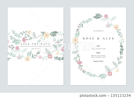 Floral wedding invitation card template design, hand drawn green leaves and flowers on white 135113234