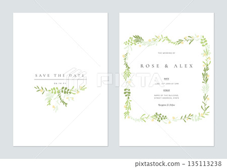 Floral wedding invitation card template design, hand drawn green leaves and yellow flowers on white Floral wedding invitation card template design, hand drawn green leaves and yellow flowers on white 135113238