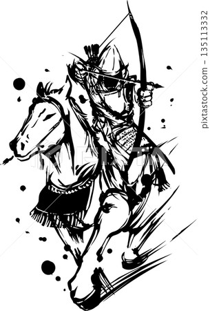 Ink painting illustration of an archer on horseback Ink painting illustration of an archer on horseback 135113332