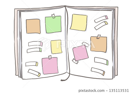 手繪筆記本插圖,用便利貼整理想法(想法與靈感) 手繪筆記本插圖,用便利貼整理想法(想法與靈感) 135113531