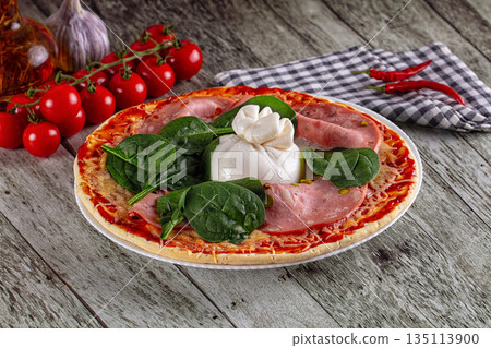 Pizza with mortadella and burrata Pizza with mortadella and burrata 135113900