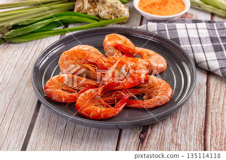 Delicous boiled tiger prawn with sauce 135114118