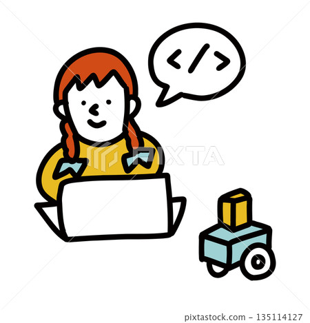 An elementary school girl tries her hand at programming using a robot 135114127