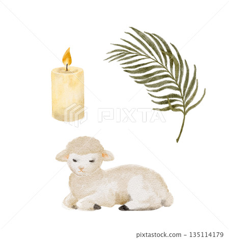 Lamb resting in a calm pose, burning candle, palm branch watercolor set ideal for easter, nursery decor, children books, farm-themed designs, educational materials, and peaceful pastoral illustrations Lamb resting in a calm pose, burning candle, palm branch watercolor set ideal for easter, nursery decor, children books, farm-themed designs, educational materials, and peaceful pastoral illustrations 135114179