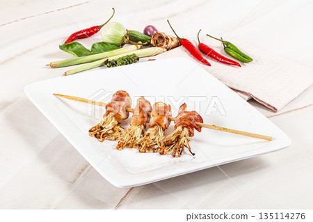 Thai Street foof satay with bacon and mushroom Thai Street foof satay with bacon and mushroom 135114276