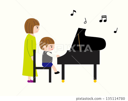 Boy playing piano, teacher and musical notes Boy playing piano, teacher and musical notes 135114780