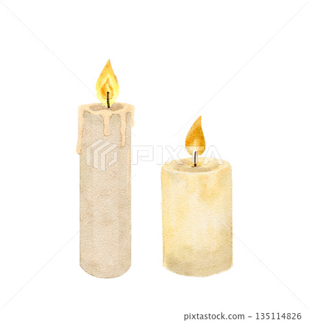 Burning white candles. Hand-painted watercolor clip art set isolated on white. Easter, cozy illustration in warm neutral tones, perfect for holiday cards, cozy decor, invitations, seasonal design Burning white candles. Hand-painted watercolor clip art set isolated on white. Easter, cozy illustration in warm neutral tones, perfect for holiday cards, cozy decor, invitations, seasonal design 135114826