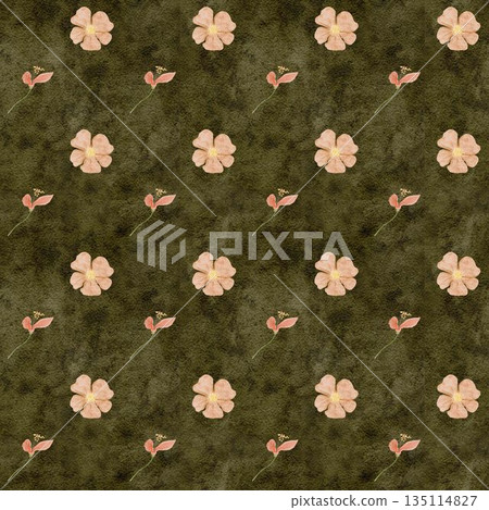 Seamless watercolor floral pattern, small peach blossoms scattered on olive. Minimal botanical surface design for fashion textiles, fabric printing, packaging, stationery, modern lifestyle branding 135114827