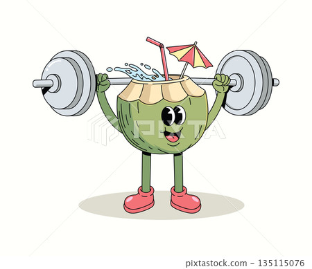 coconut weightlifting groovy cartoon illustration coconut weightlifting groovy cartoon illustration 135115076