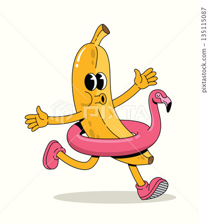 banana flamingo float groovy cartoon illustration 135115087