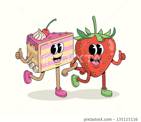 cake and strawberry groovy cartoon illustration 135115116