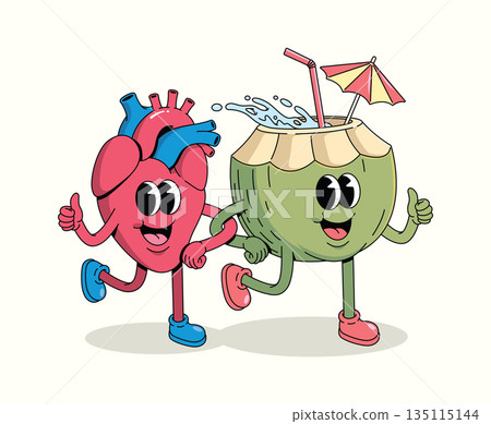 coconut and heart groovy cartoon illustration 135115144