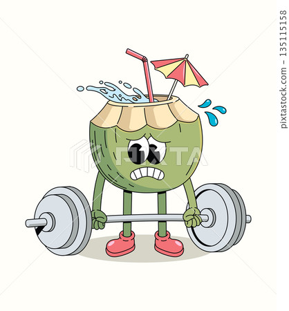 coconut hard weightlifting groovy cartoon illustration coconut hard weightlifting groovy cartoon illustration 135115158