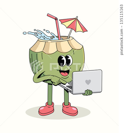 coconut laptop groovy cartoon illustration coconut laptop groovy cartoon illustration 135115163