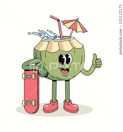 coconut skateboard thumbs up groovy cartoon illustration 135115171