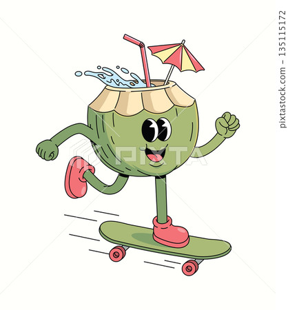coconut skateboard walk groovy cartoon illustration 135115172