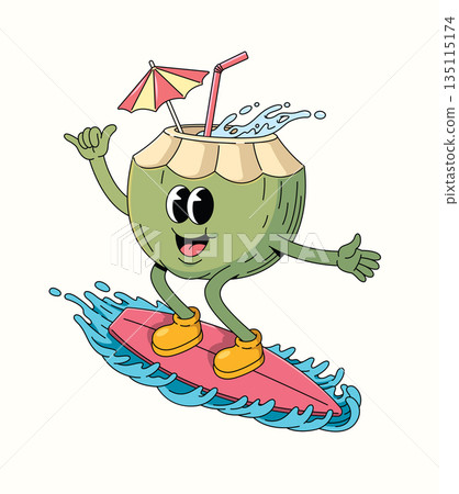 coconut surf groovy cartoon illustration coconut surf groovy cartoon illustration 135115174