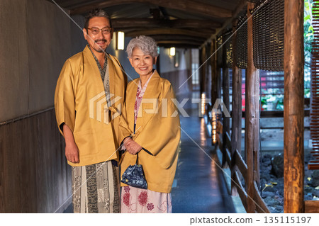 Senior couple enjoying a hot spring trip. Photo courtesy of Ito Ryokuyo. 135115197