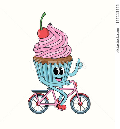 cupcake bicycle groovy cartoon illustration 135115323