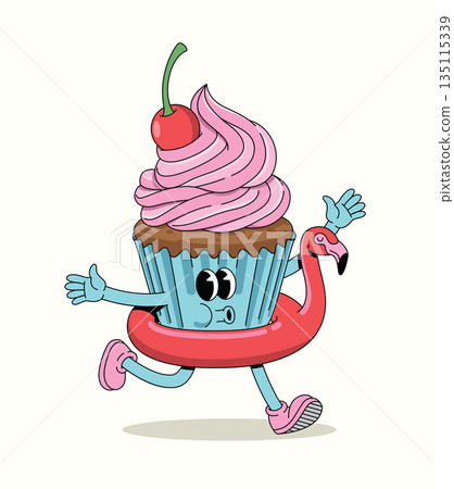 cupcake flamingo float groovy cartoon illustration 135115339