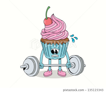 cupcake hard weightlifting groovy cartoon illustration 135115343