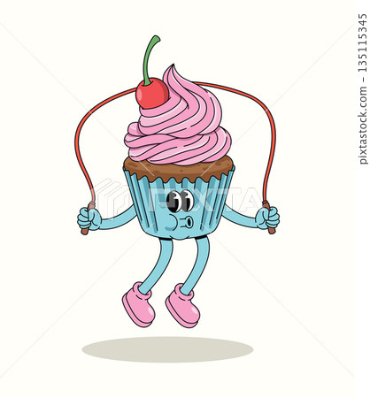 cupcake jump rope groovy cartoon illustration 135115345