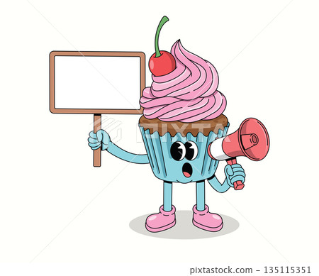 cupcake megaphone groovy cartoon illustration 135115351