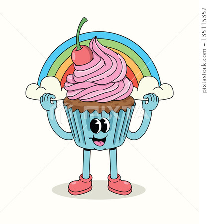 cupcake rainbow groovy cartoon illustration 135115352