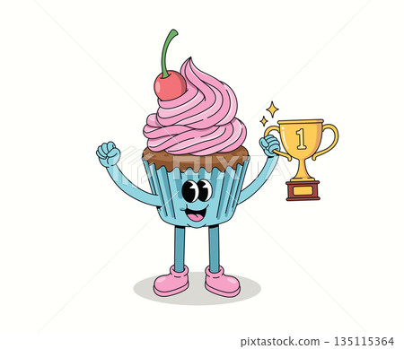 cupcake trophy groovy cartoon illustration 135115364