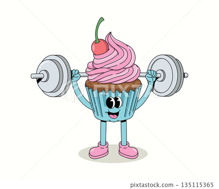 cupcake weightlifting groovy cartoon illustration cupcake weightlifting groovy cartoon illustration 135115365
