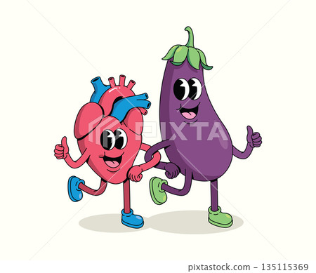 eggplant and heart groovy cartoon illustration eggplant and heart groovy cartoon illustration 135115369