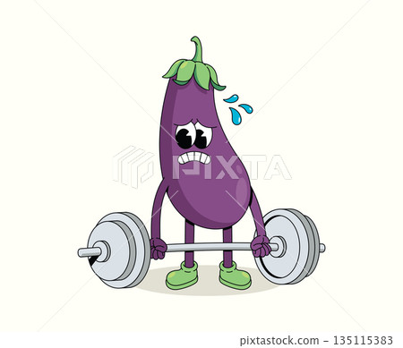 eggplant hard weightlifting groovy cartoon illustration eggplant hard weightlifting groovy cartoon illustration 135115383