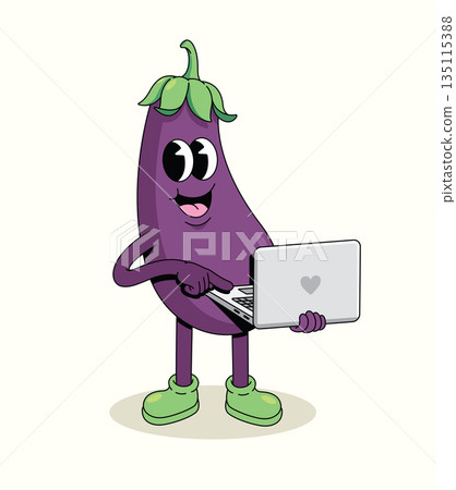 eggplant laptop groovy cartoon illustration 135115388