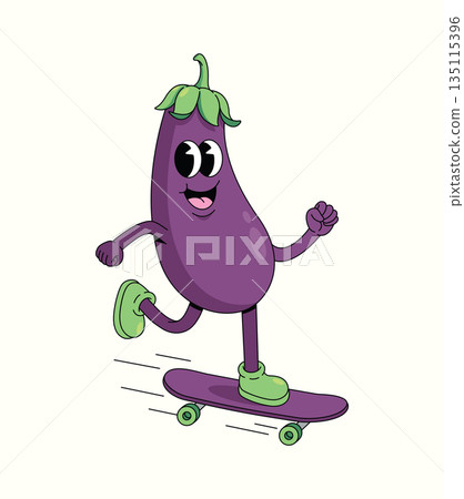 eggplant skateboard walk groovy cartoon illustration eggplant skateboard walk groovy cartoon illustration 135115396