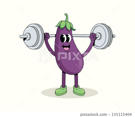 eggplant weightlifting groovy cartoon illustration 135115404