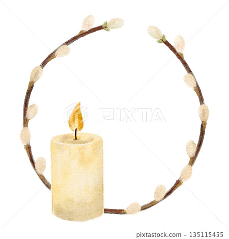 Willow wreath with soft catkins and candle, hand painted in neutral tones, minimal watercolor style, isolated on white background, for Easter, Palm Sunday, church invitations, cards, religious designs Willow wreath with soft catkins and candle, hand painted in neutral tones, minimal watercolor style, isolated on white background, for Easter, Palm Sunday, church invitations, cards, religious designs 135115455