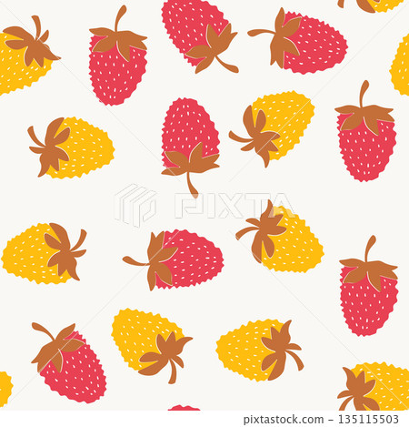 Seamless pattern with strawberry on color background. Natural delicious fresh ripe tasty fruit. Vector illustration for print, fabric, textile, banner, other design. Food concept Seamless pattern with strawberry on color background. Natural delicious fresh ripe tasty fruit. Vector illustration for print, fabric, textile, banner, other design. Food concept 135115503