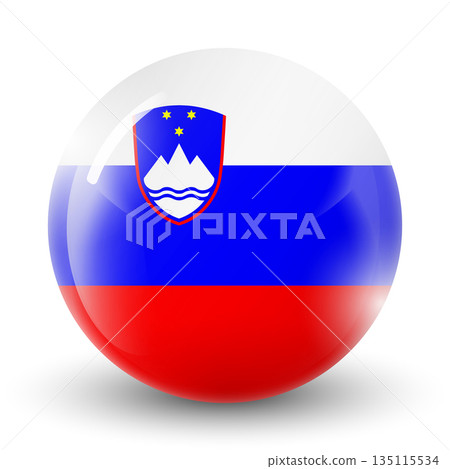 Glass light ball with flag of Slovenia. Round sphere, template icon. Slovenian national symbol. Glossy realistic ball, 3D abstract vector illustration. Big bubble Glass light ball with flag of Slovenia. Round sphere, template icon. Slovenian national symbol. Glossy realistic ball, 3D abstract vector illustration. Big bubble 135115534