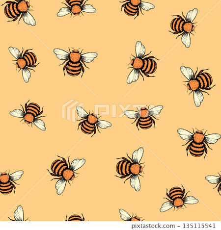 Seamless pattern with bees. Small wasp. Vector illustration. Design for invitation, cards, textile, fabric. Doodle style 135115541