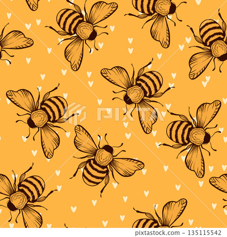 Seamless pattern with bees. Small wasp. Vector illustration. Design for invitation, cards, textile, fabric. Doodle style Seamless pattern with bees. Small wasp. Vector illustration. Design for invitation, cards, textile, fabric. Doodle style 135115542