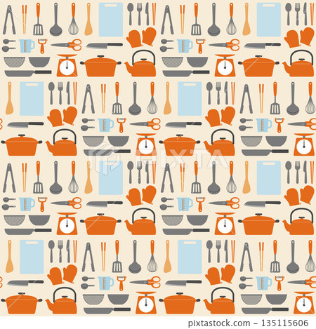 烹飪用具插圖的無縫背景圖。 烹飪用具插圖的無縫背景圖。 135115606