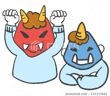 A man wearing a red and blue demon mask 135115662